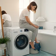 Žena sedí na pračce v moderní koupelně, vedle bílé vany a ručníků.