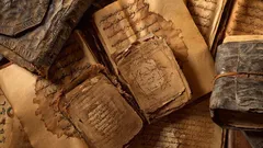 Staré, poničené historické knihy a rukopisy na hromadě, detailní záběr.