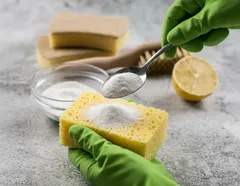Čištění houbičky jedlou sodou, citron a gumaové rukavice na šedém pozadí.
