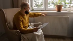 Muž v křesle ukazuje na radiátor pod oknem, drží účet za energie.