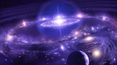 Futuristický vesmír, hvězdné galaxie a planety ve fialových tónech, hluboký vesmír