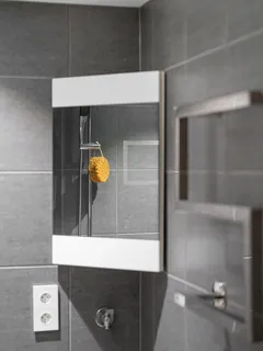 Koupelna se zrcadlem a sprchovou hlavicí